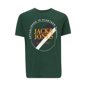Jack & Jones Plus Tričko 'LOOF'  tmavozelená / oranžová / biela