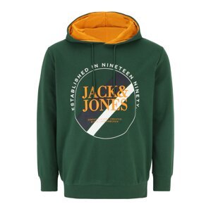 Jack & Jones Plus Mikina 'LOOF'  tmavozelená / oranžová / šedobiela