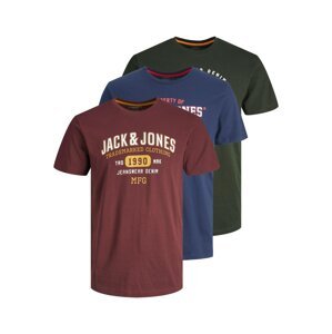 JACK & JONES Tričko 'STAMP'  karmínovo červená / tmavomodrá / tmavozelená / biela